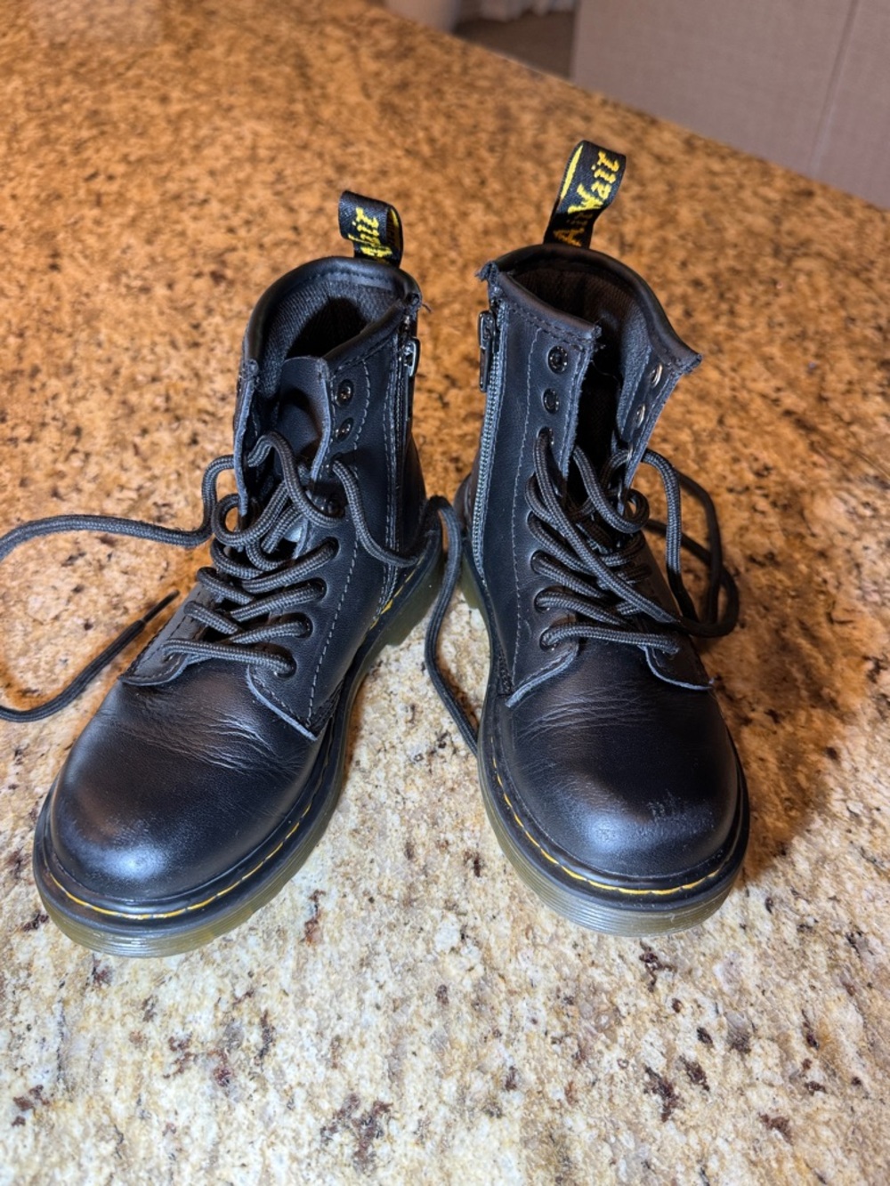 Dr. Martens Black Leather Lace-Up Side-Zip Ankle Boots with Yellow Stitching